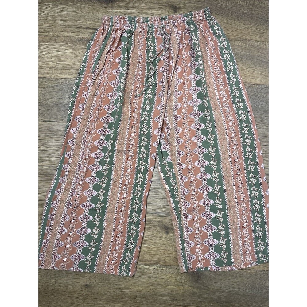 Women’s Boho Lounge Pants Free Size Floral Striped Elastic Waist Drawstring
